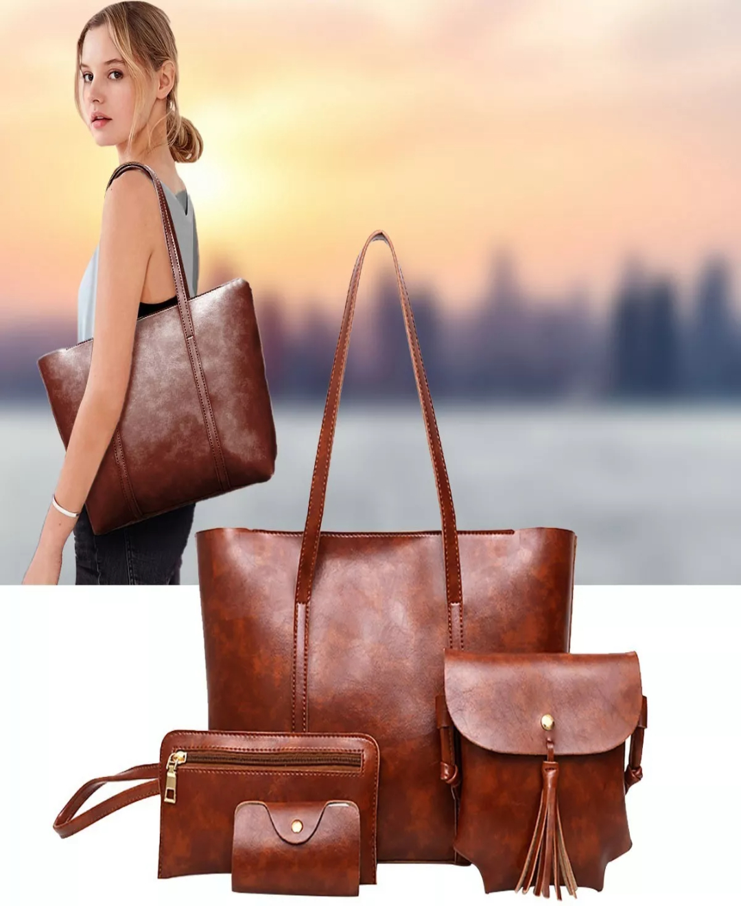 Set 4 Bolsas Mujer Moda Cartera Crossbody Tote Borla Logo