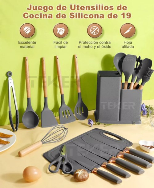 Conjuntos de utensilios de cocina de silicona y acero.