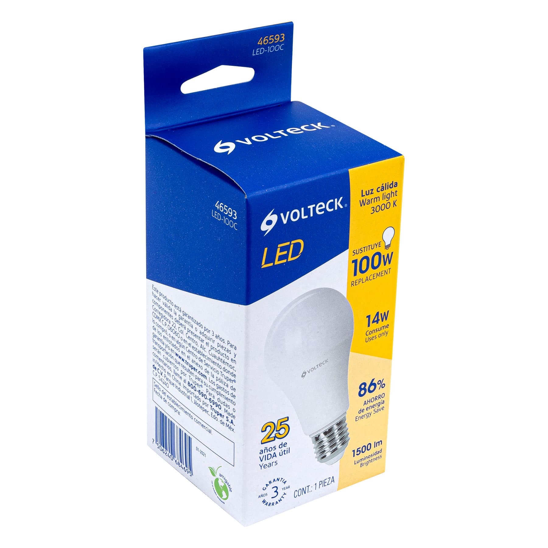 LÁMPARA LED A19 14 W (EQUIV. 100 W), LUZ CÁLIDA, CAJA VOLTECK 46593