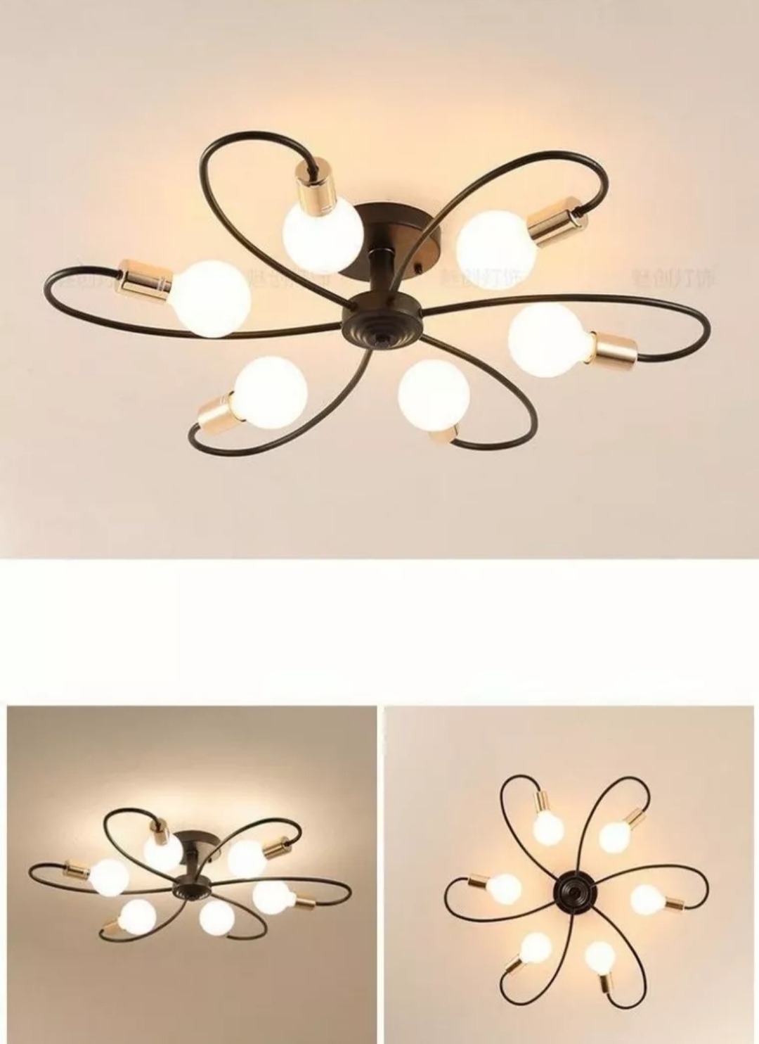 Lámpara de techo de metal para 6 luces tipo espiral Vintage Retro Modernista color negro y dorado