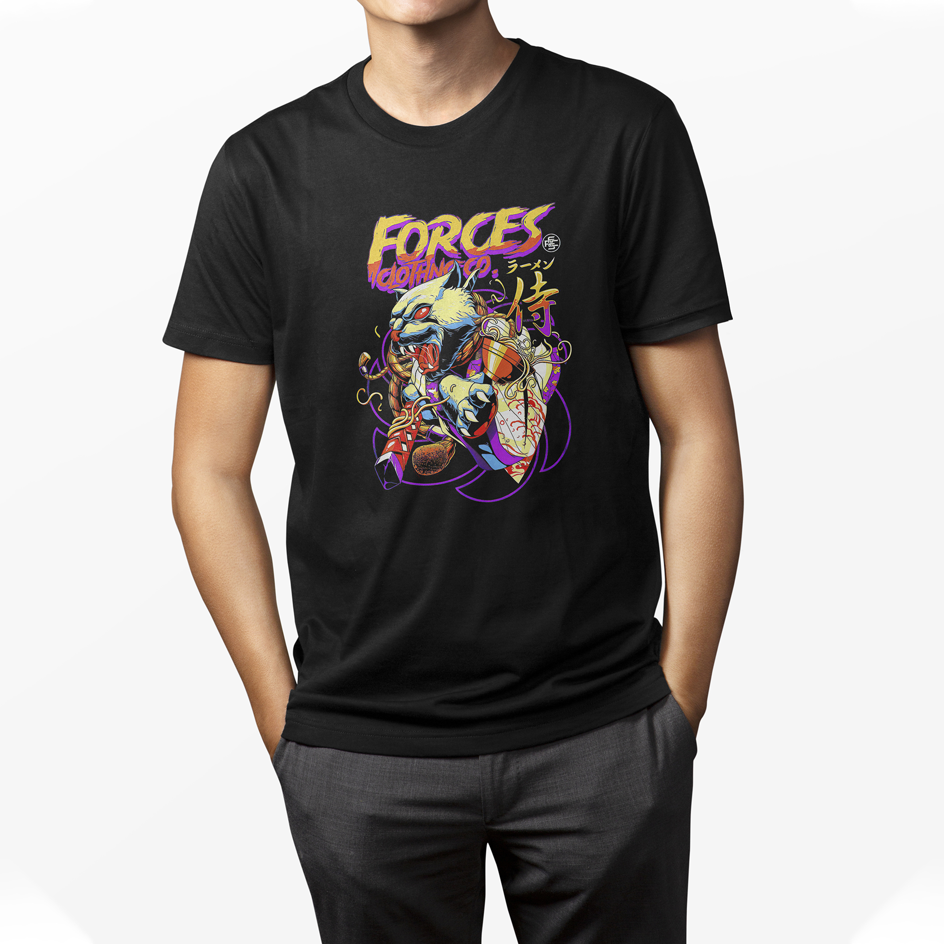 Playera Casual Negra Arte Japones Gato Samurai Caballero