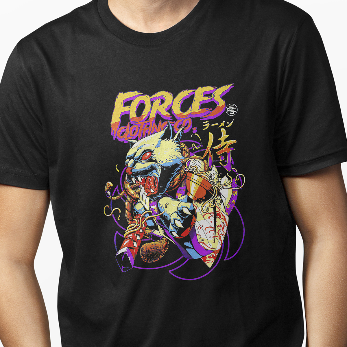 Playera Casual Negra Arte Japones Gato Samurai Caballero