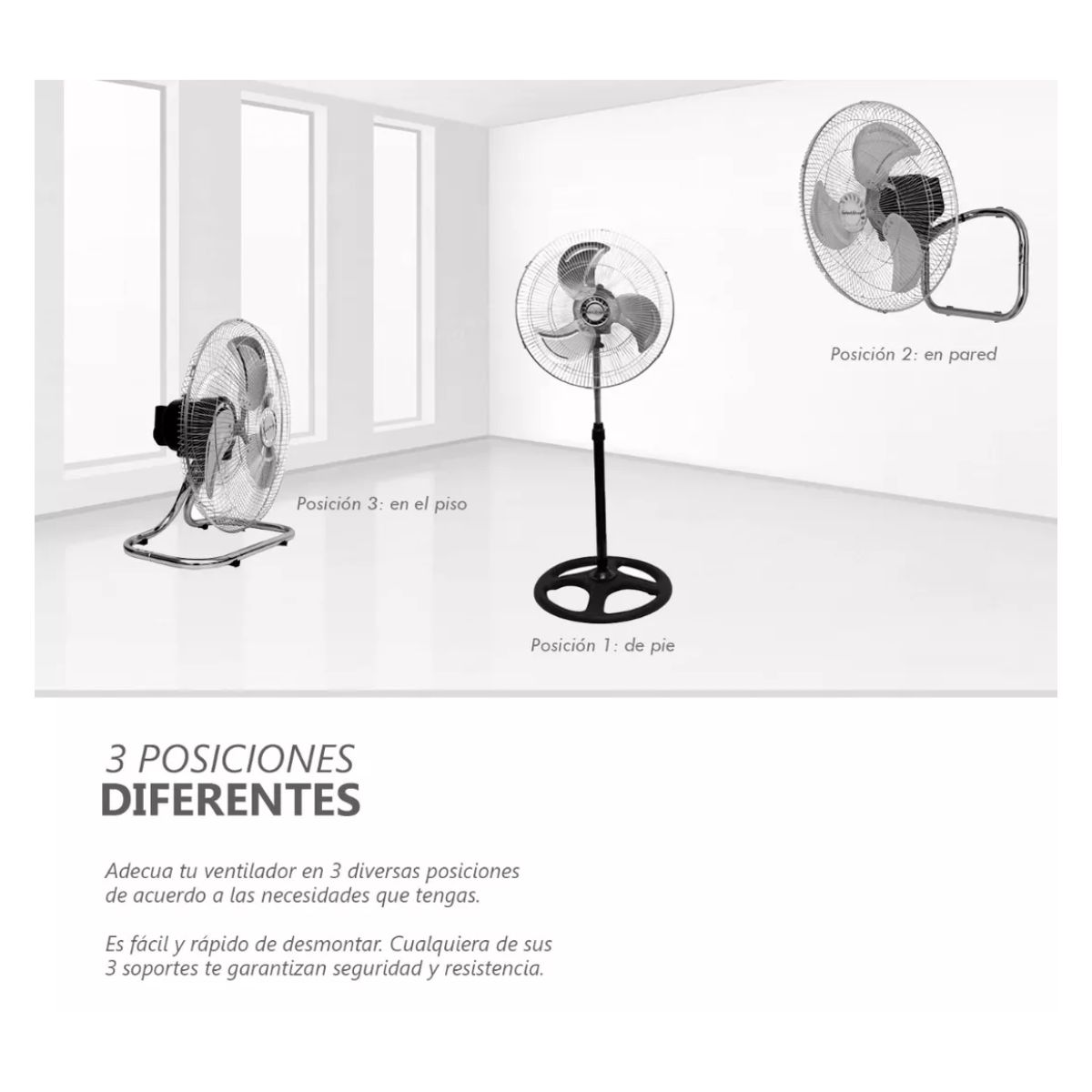 Ventilador Industrial 3 En 1 De Pie Pared Piso Casa Oficina Negro