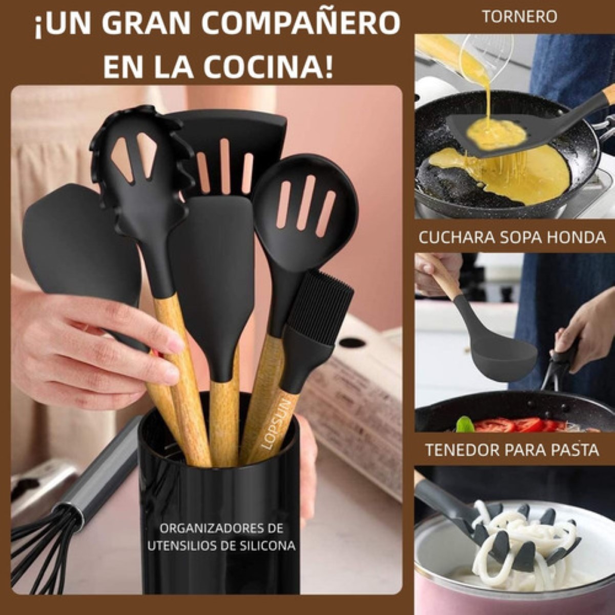 Set 33 Utensilios De Cocina Silicona Cuchara Volteador Negro