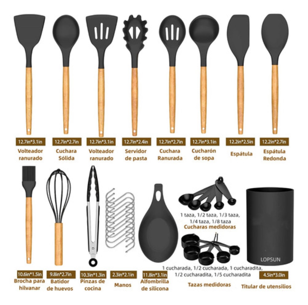 Set 23 Utensilios De Cocina Silicona Cuchara Volteador Negro