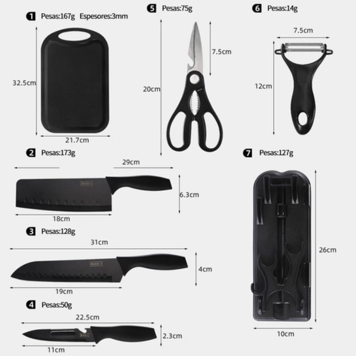 Juego De Cuchillos De Cocina De Acero Inoxidable, 7 Piezas Negro