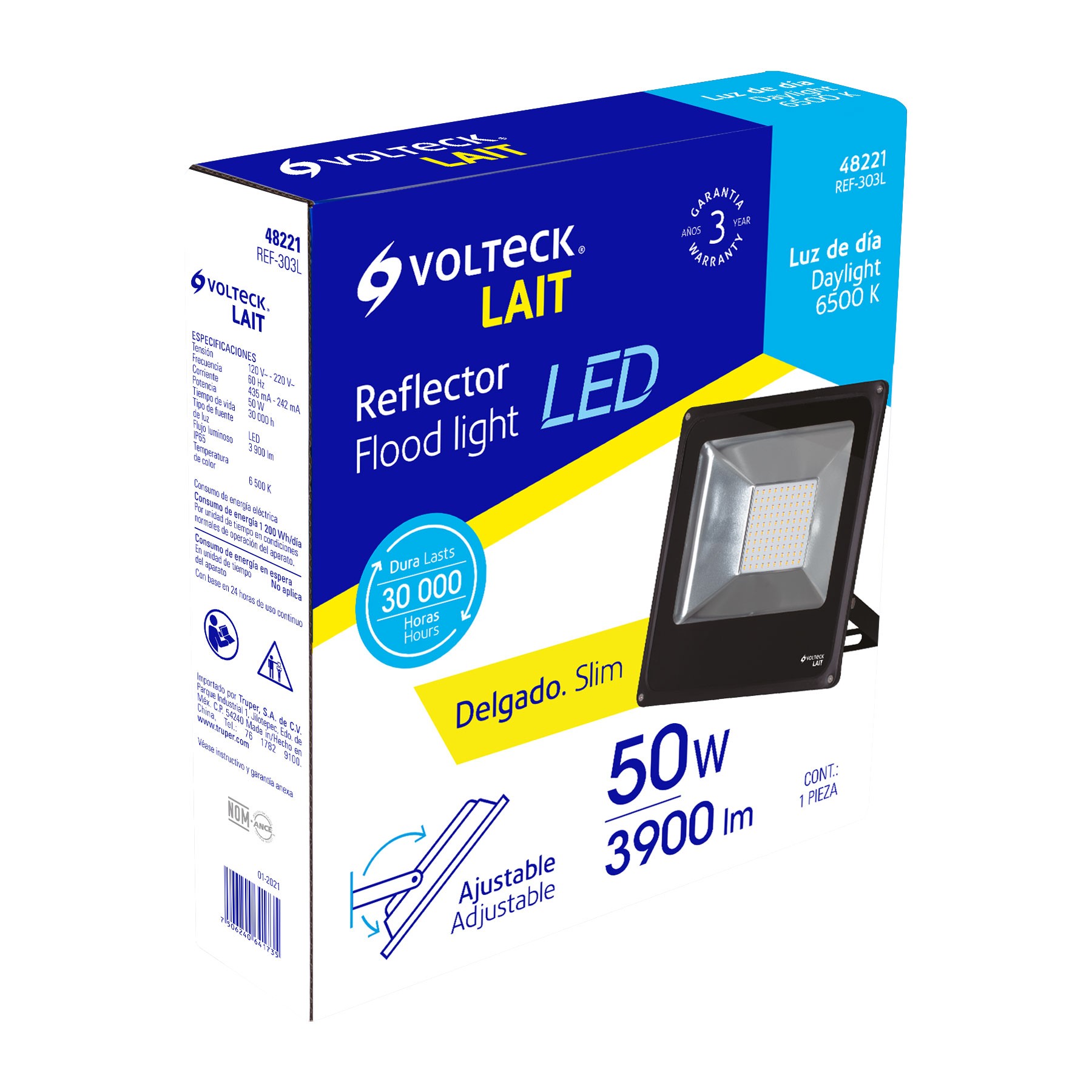 REFLECTOR DELGADO DE LED 50 W LUZ DE DÍA, VOLTECK LAIT 48221