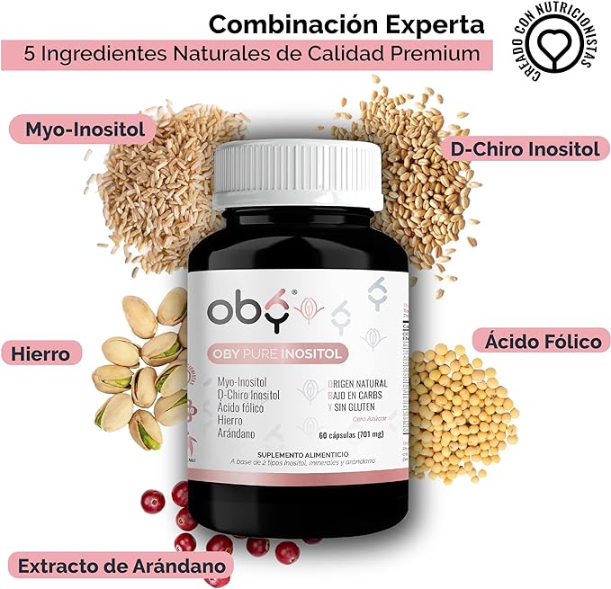 OBY Pure Inositol | Suplemento de Inositol Myo Inositol y D-Chiro-Inositol, Ácido Fólico, Hierro y Extracto de Arándano | 60 cápsulas para 60 días | Multivitaminico Mujer