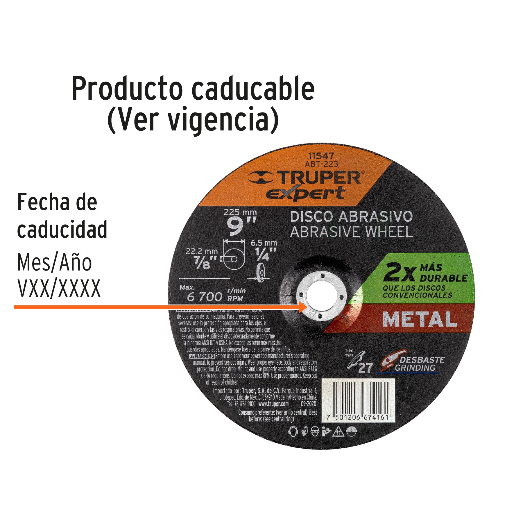 DISCO TIPO 27 DE 9" X 6.4 MM DESBASTE DE METAL, TRUPER EXPERT 11547