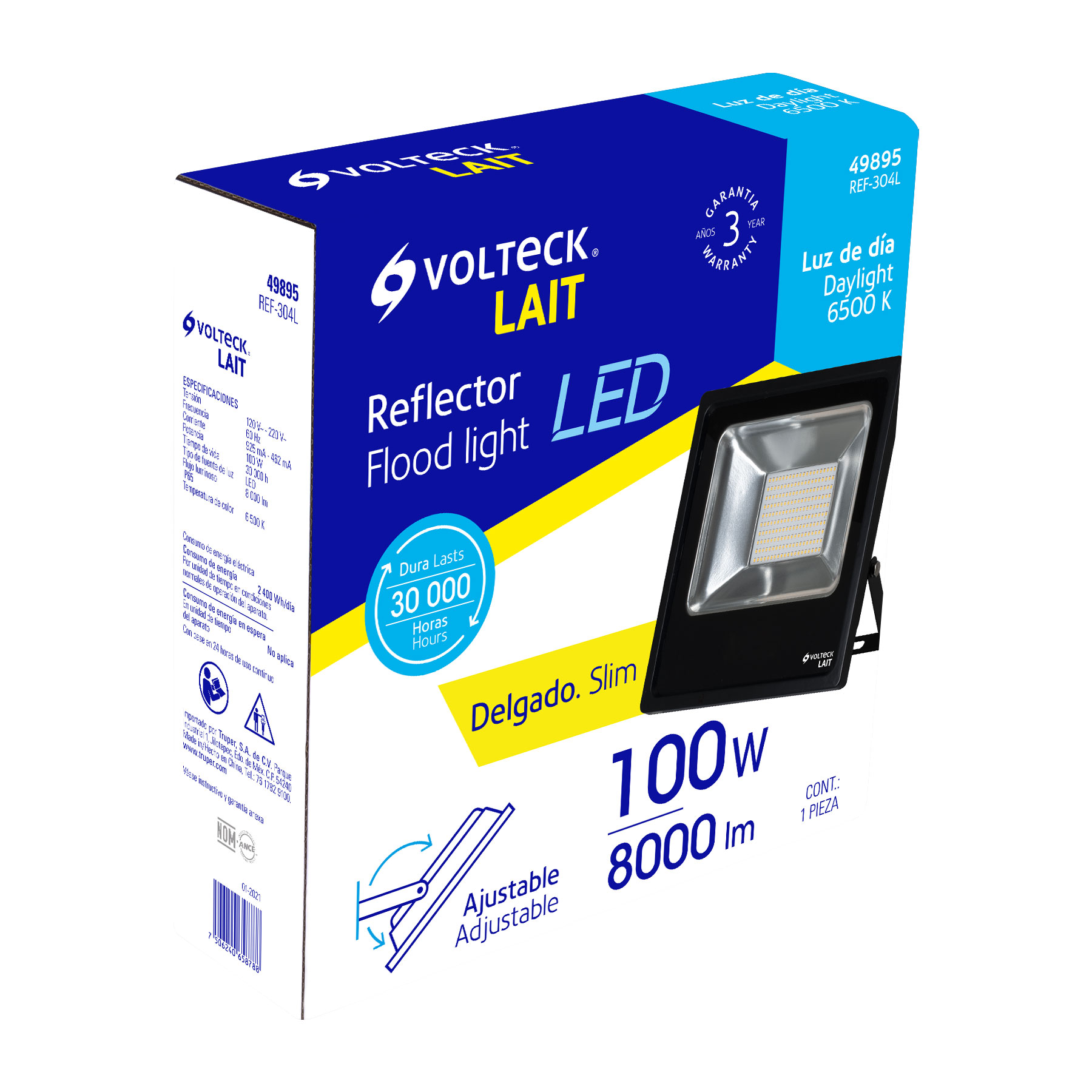 REFLECTOR DELGADO DE LED 100 W LUZ DE DÍA, VOLTECK LAIT 49895