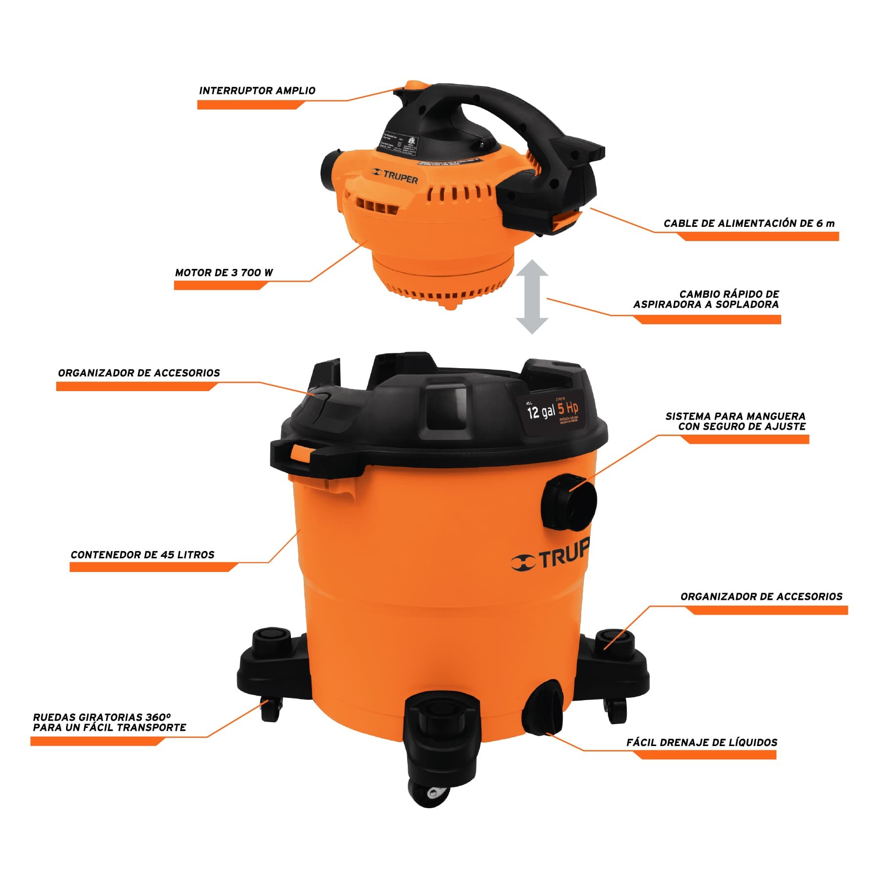 ASPIRADORA/SOPLADORA DE SÓLIDOS Y LÍQUIDOS 12 GAL, PLÁSTICA TRUPER 12093