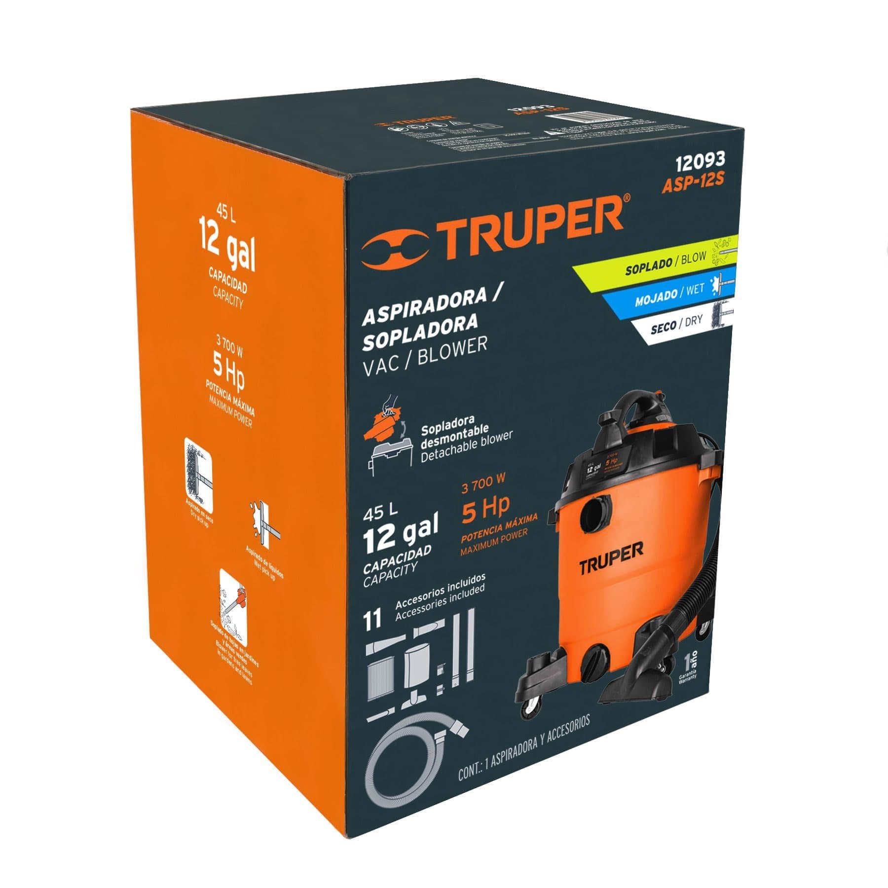 ASPIRADORA/SOPLADORA DE SÓLIDOS Y LÍQUIDOS 12 GAL, PLÁSTICA TRUPER 12093