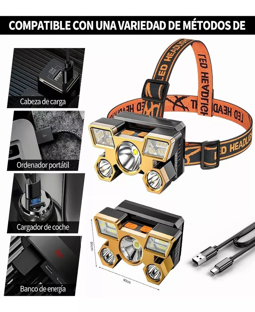 Lámpara Cabeza Led Usb Linterna Frontal Recargable 5 Leds