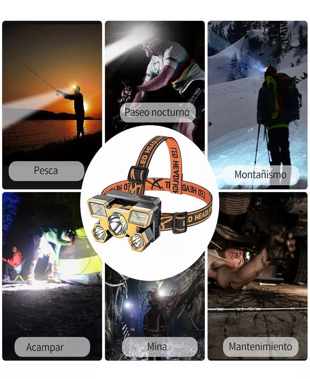 Lámpara Cabeza Led Usb Linterna Frontal Recargable 5 Leds