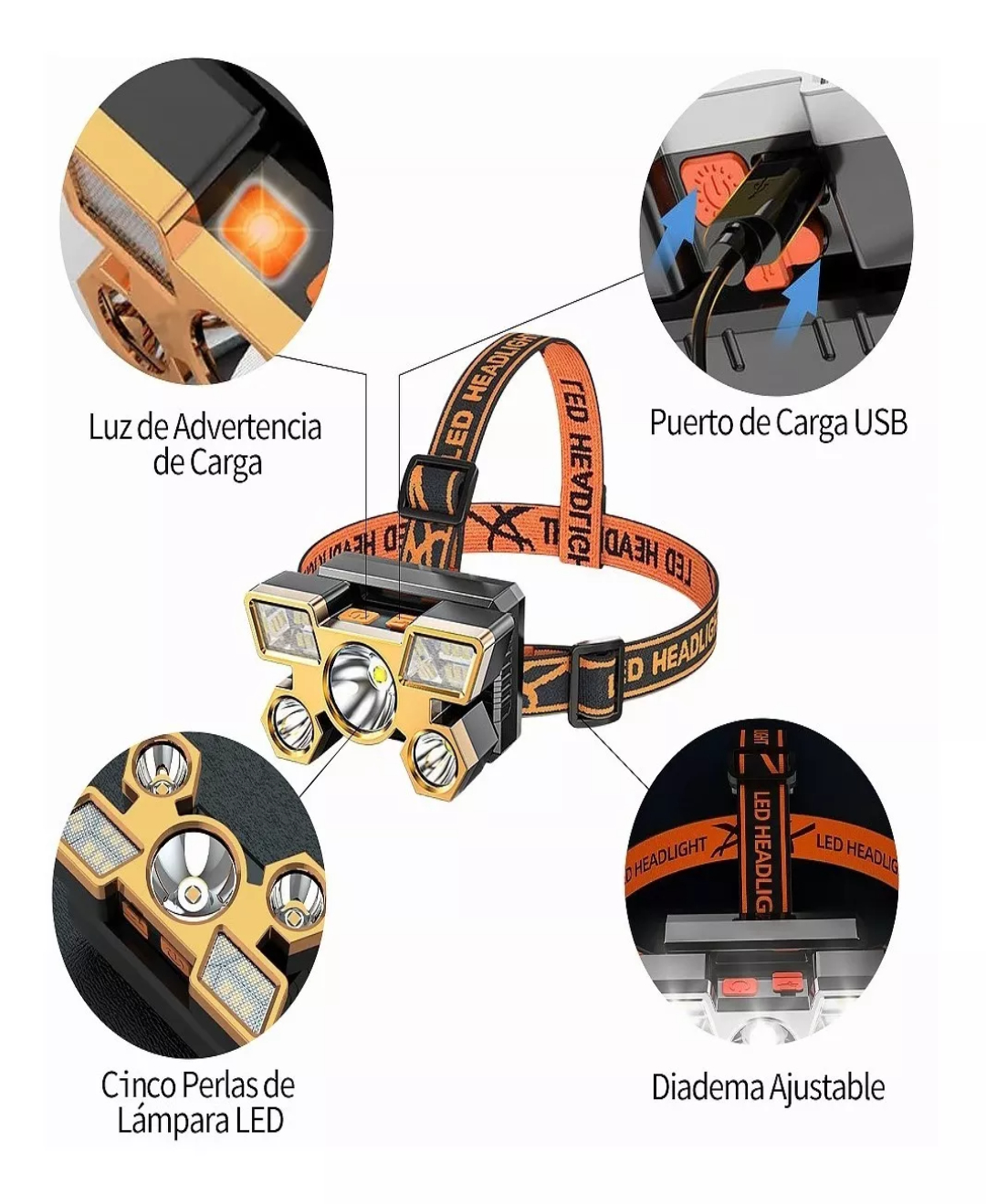 Lámpara Cabeza Led Usb Linterna Frontal Recargable 5 Leds