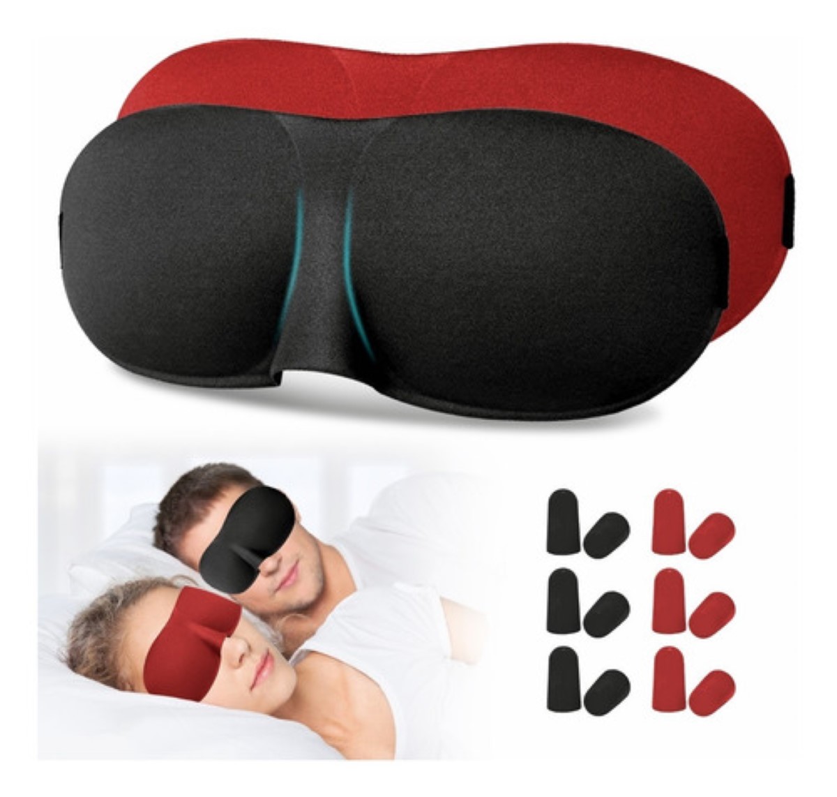 Antifaz 3d Máscara Para Dormir Ajustable Y 12tapones Oidos  Rojo/Negro