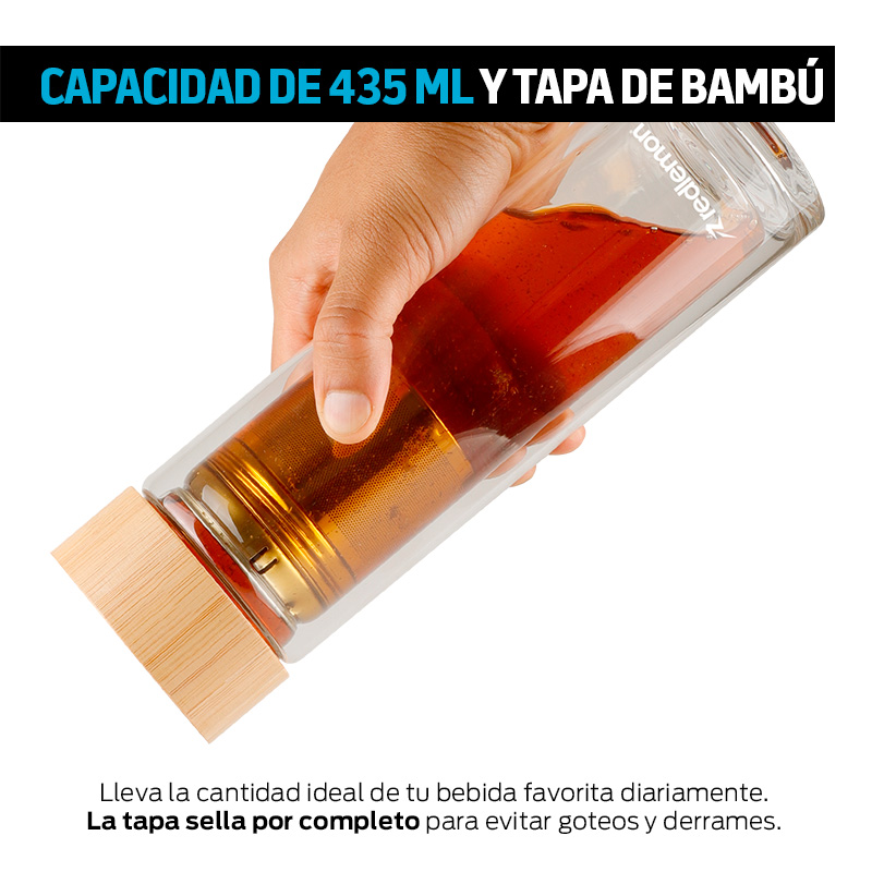 Termo de Vidrio Doble Pared con Infusor de Té y Tapa de Bambú 435 ml
