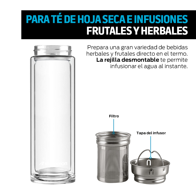 Termo de Vidrio Doble Pared con Infusor de Té y Tapa de Bambú 435 ml