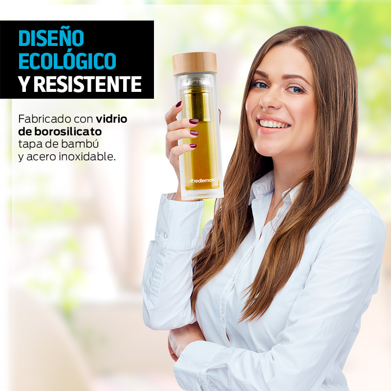 Termo de Vidrio Doble Pared con Infusor de Té y Tapa de Bambú 435 ml