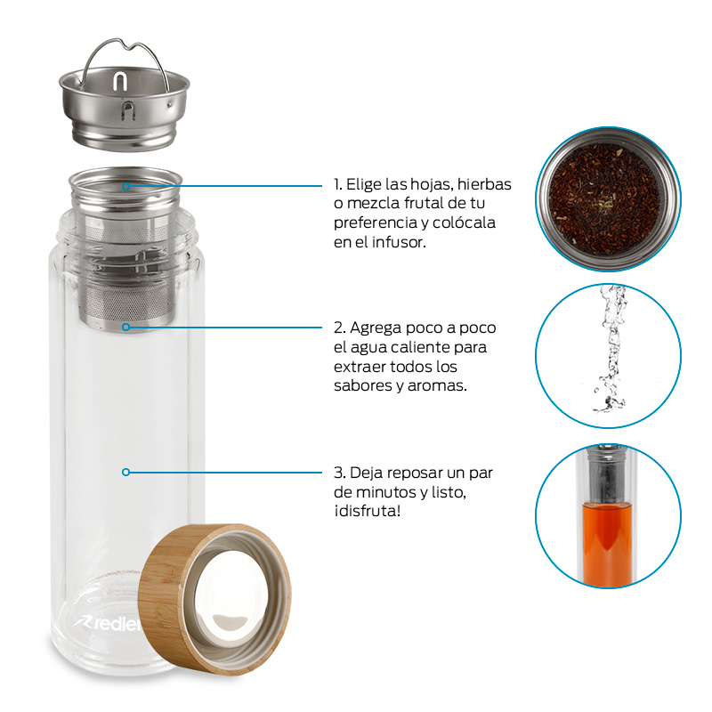Termo de Vidrio Doble Pared con Infusor de Té y Tapa de Bambú 435 ml