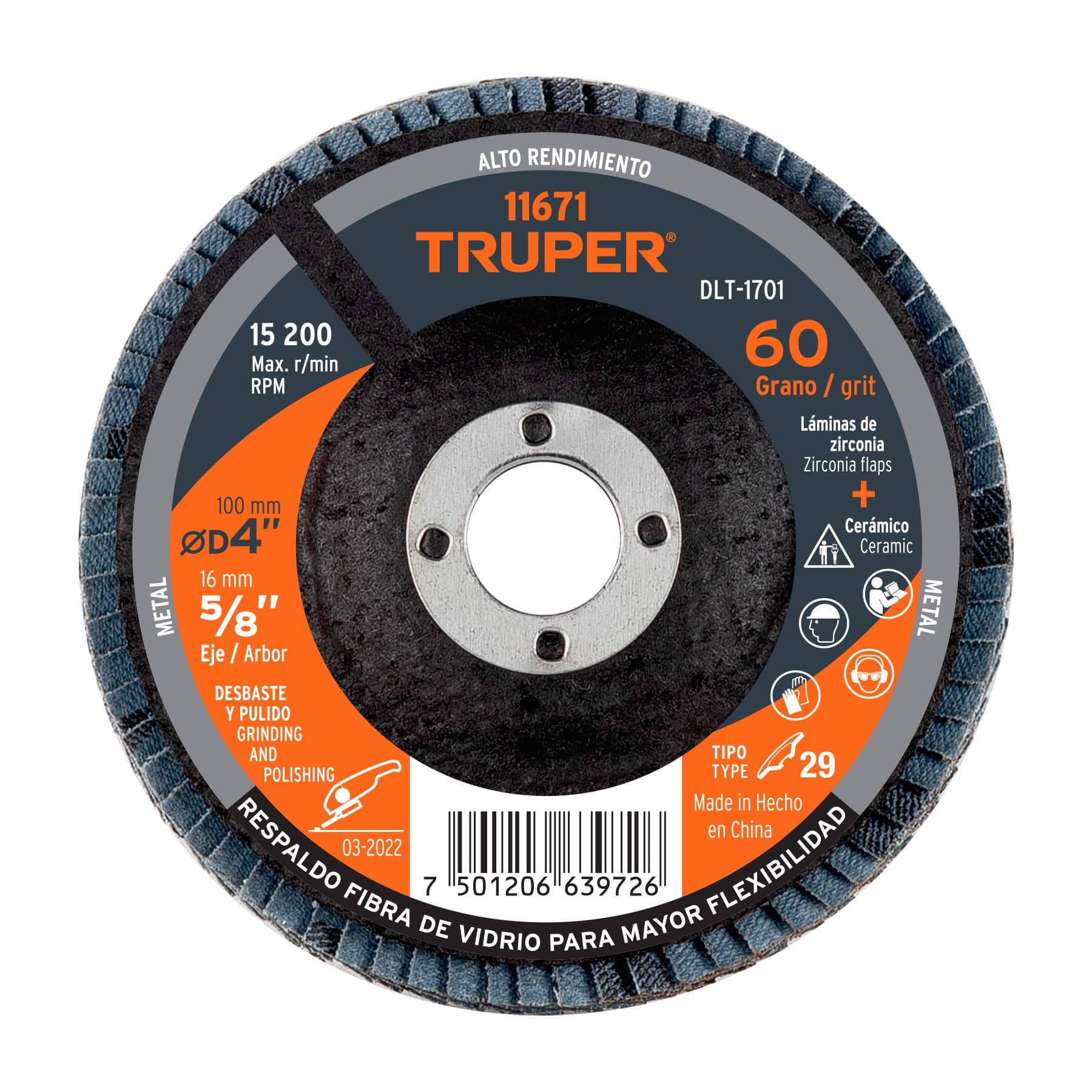 DISCO LAMINADO 4", GRANO 60 CENTRO 5/8", TRUPER 11671