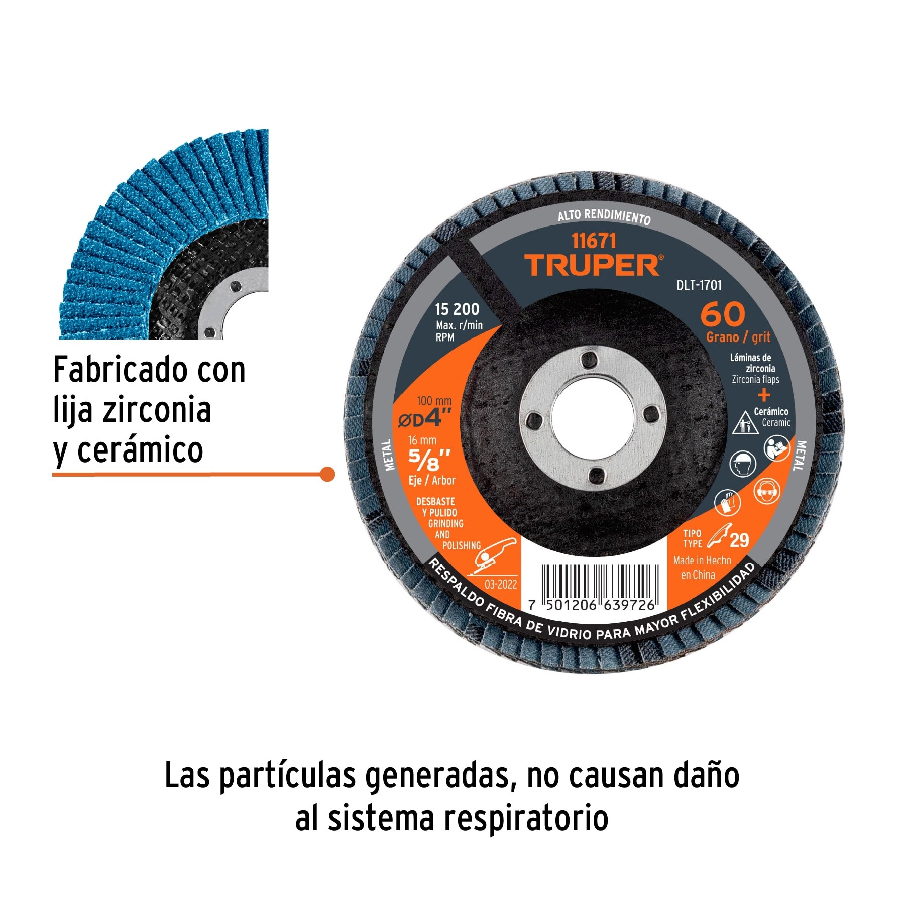 DISCO LAMINADO 4", GRANO 60 CENTRO 5/8", TRUPER 11671