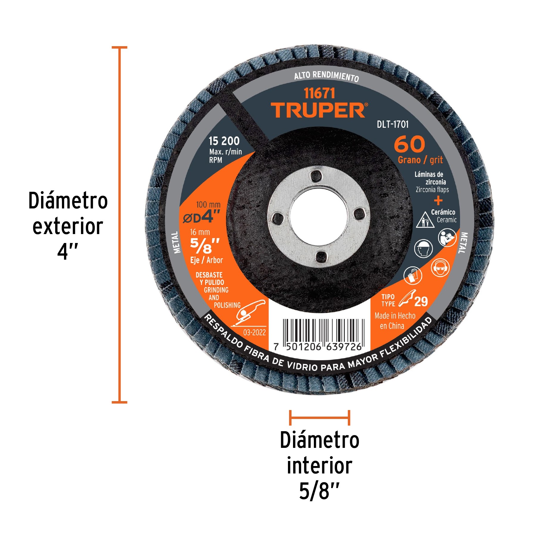DISCO LAMINADO 4", GRANO 60 CENTRO 5/8", TRUPER 11671
