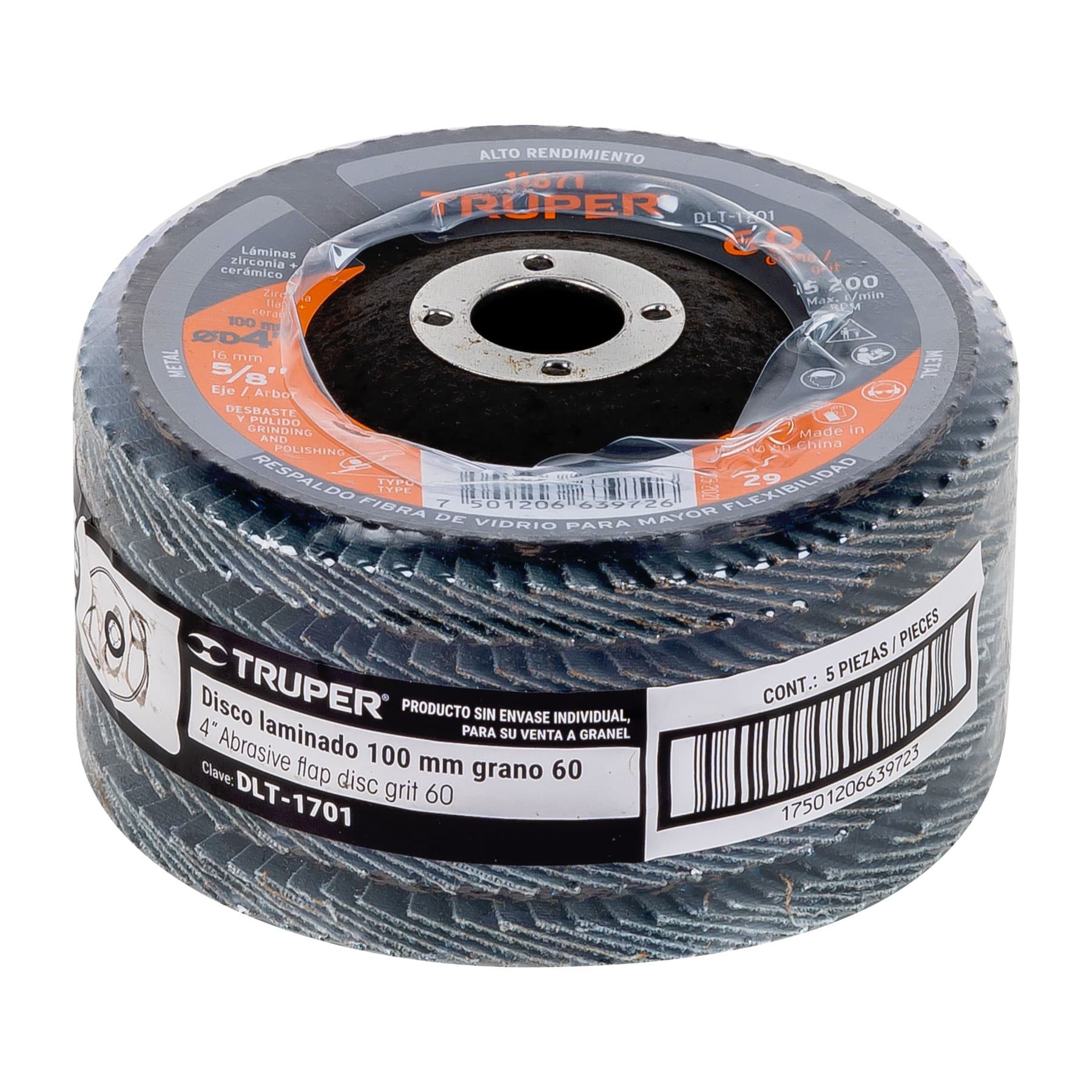 DISCO LAMINADO 4", GRANO 60 CENTRO 5/8", TRUPER 11671