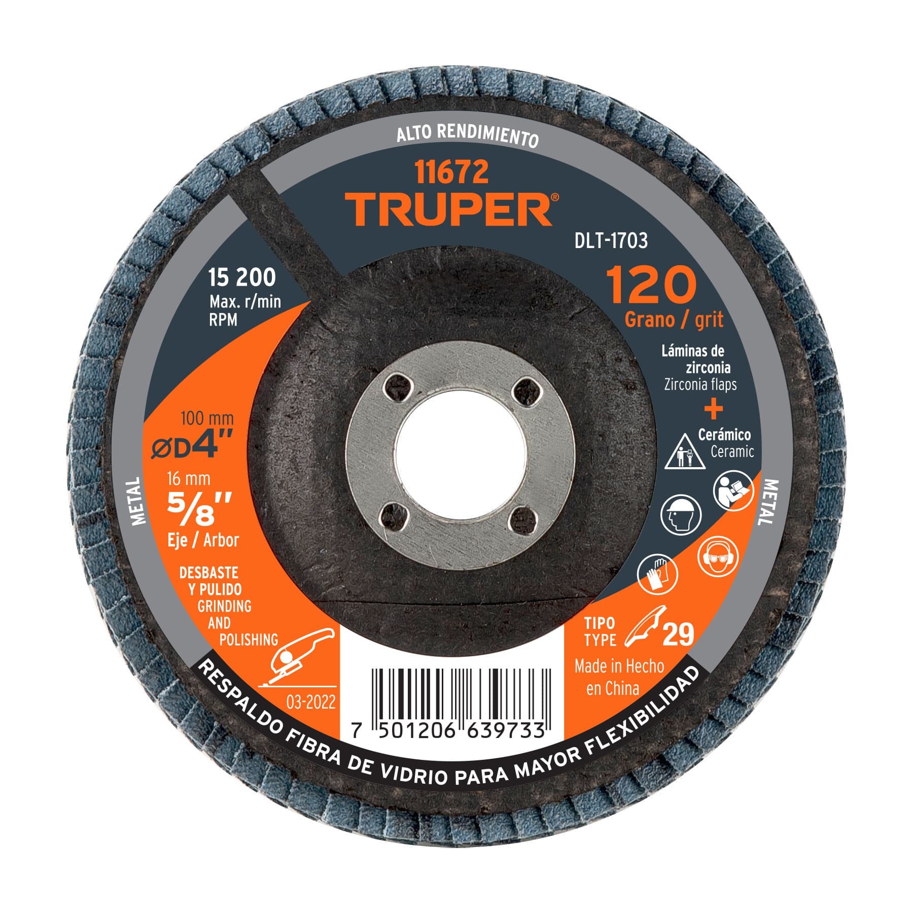 DISCO LAMINADO 4", GRANO 120 CENTRO 5/8", TRUPER 11672