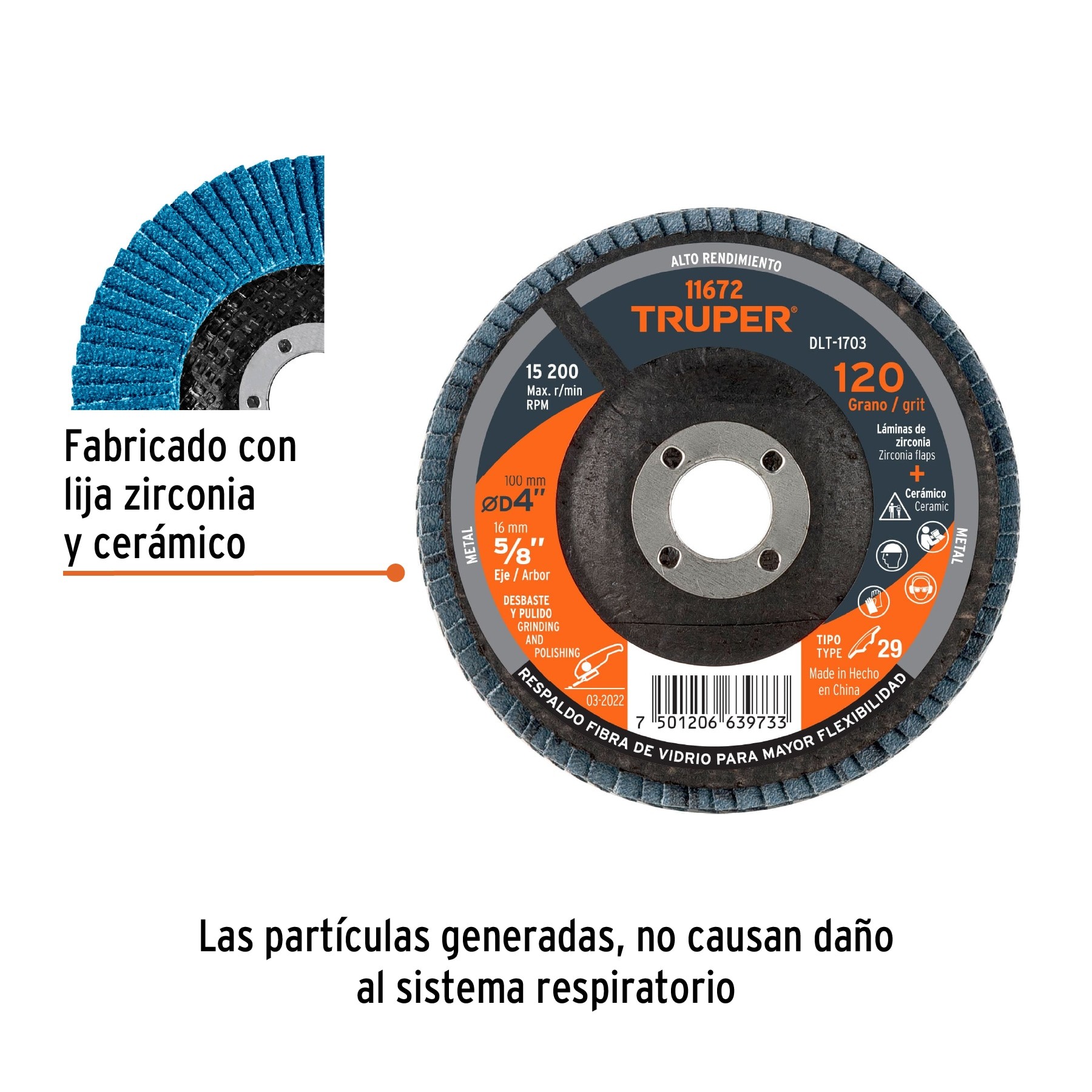 DISCO LAMINADO 4", GRANO 120 CENTRO 5/8", TRUPER 11672