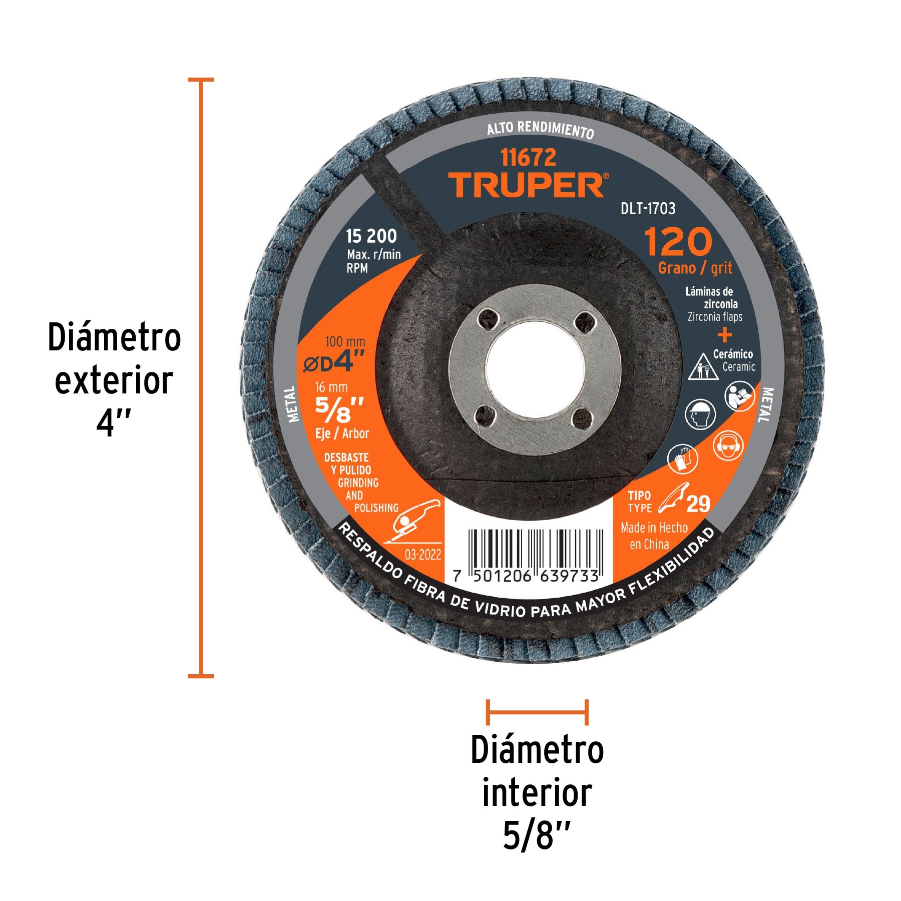 DISCO LAMINADO 4", GRANO 120 CENTRO 5/8", TRUPER 11672