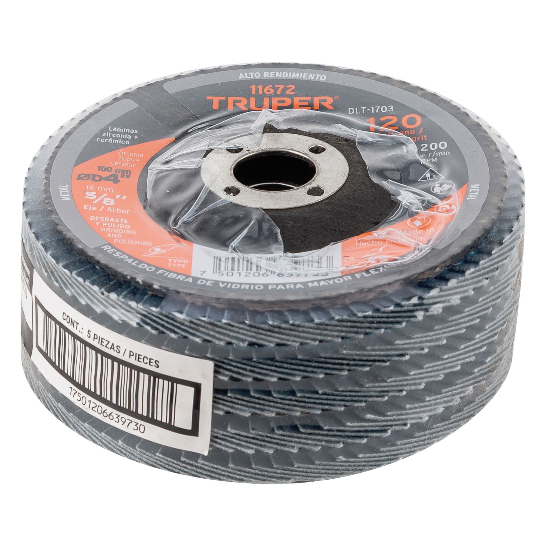 DISCO LAMINADO 4", GRANO 120 CENTRO 5/8", TRUPER 11672