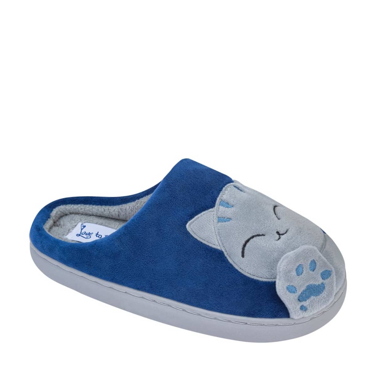 Pantuflas color azul para mujer, con figura de gatito al frente, marca Love to Lounge, mod. 1109563