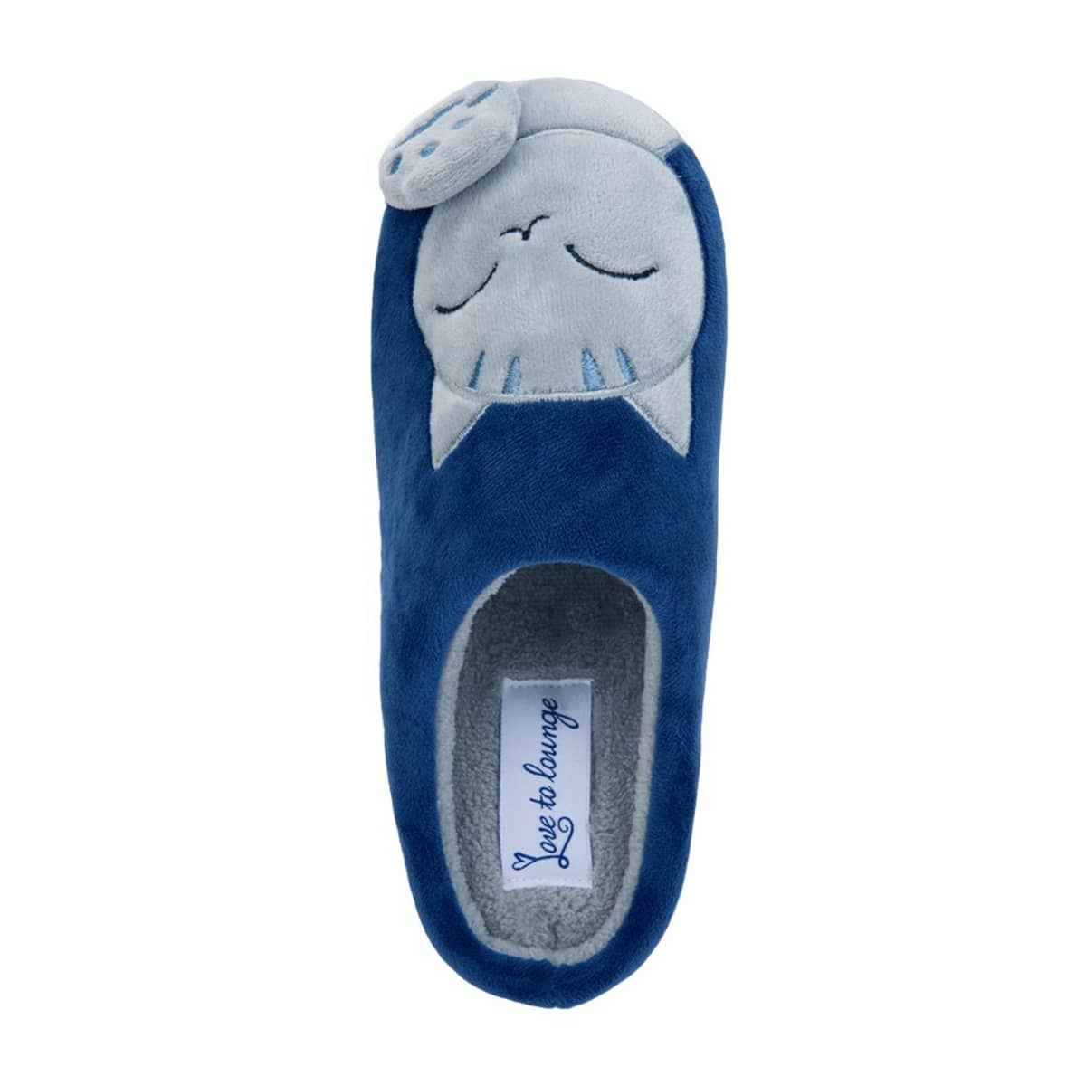 Pantuflas color azul para mujer, con figura de gatito al frente, marca Love to Lounge, mod. 1109563