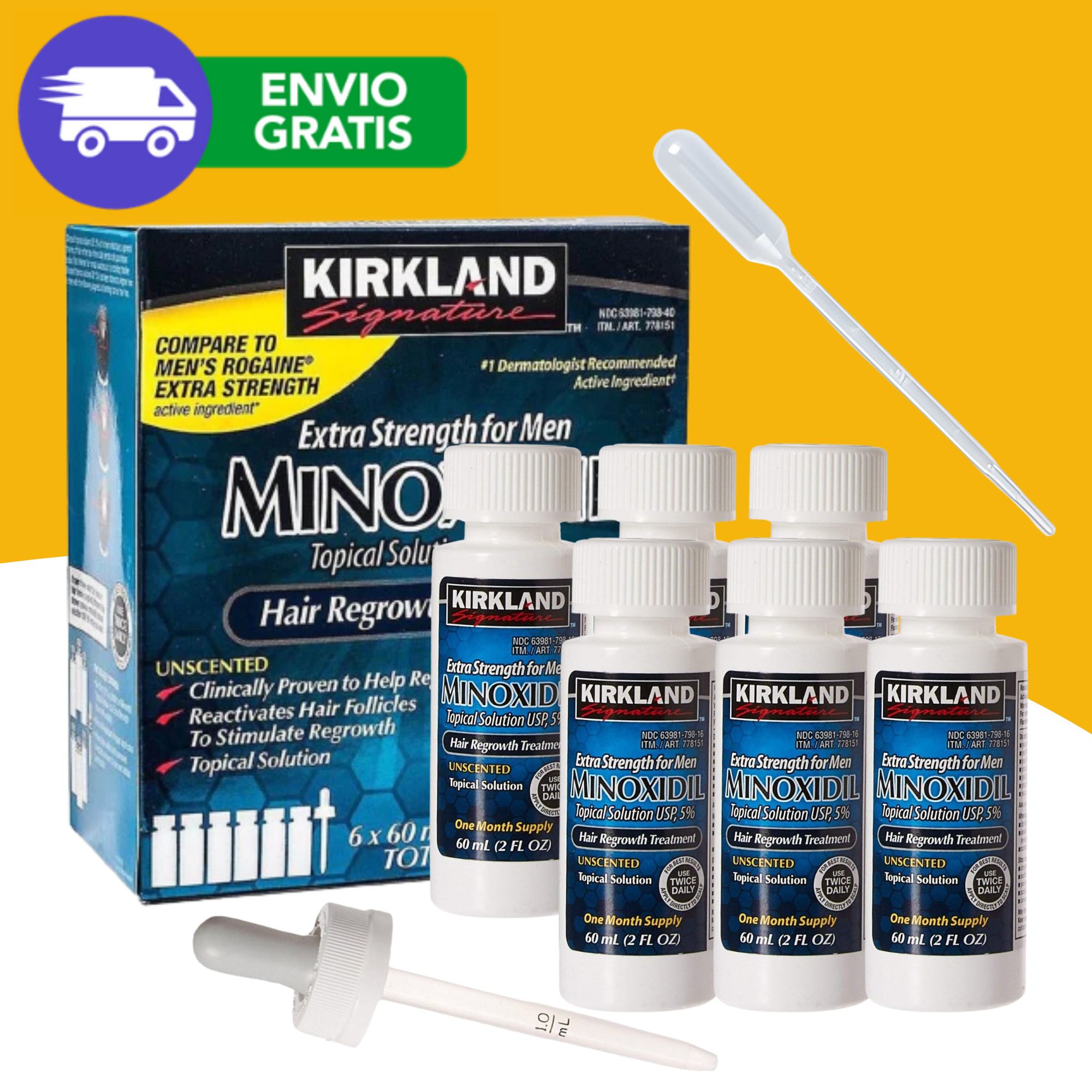 Minoxidil 5 Kirkland Tratamiento Cabello y Barba 60ML 6 Pack para