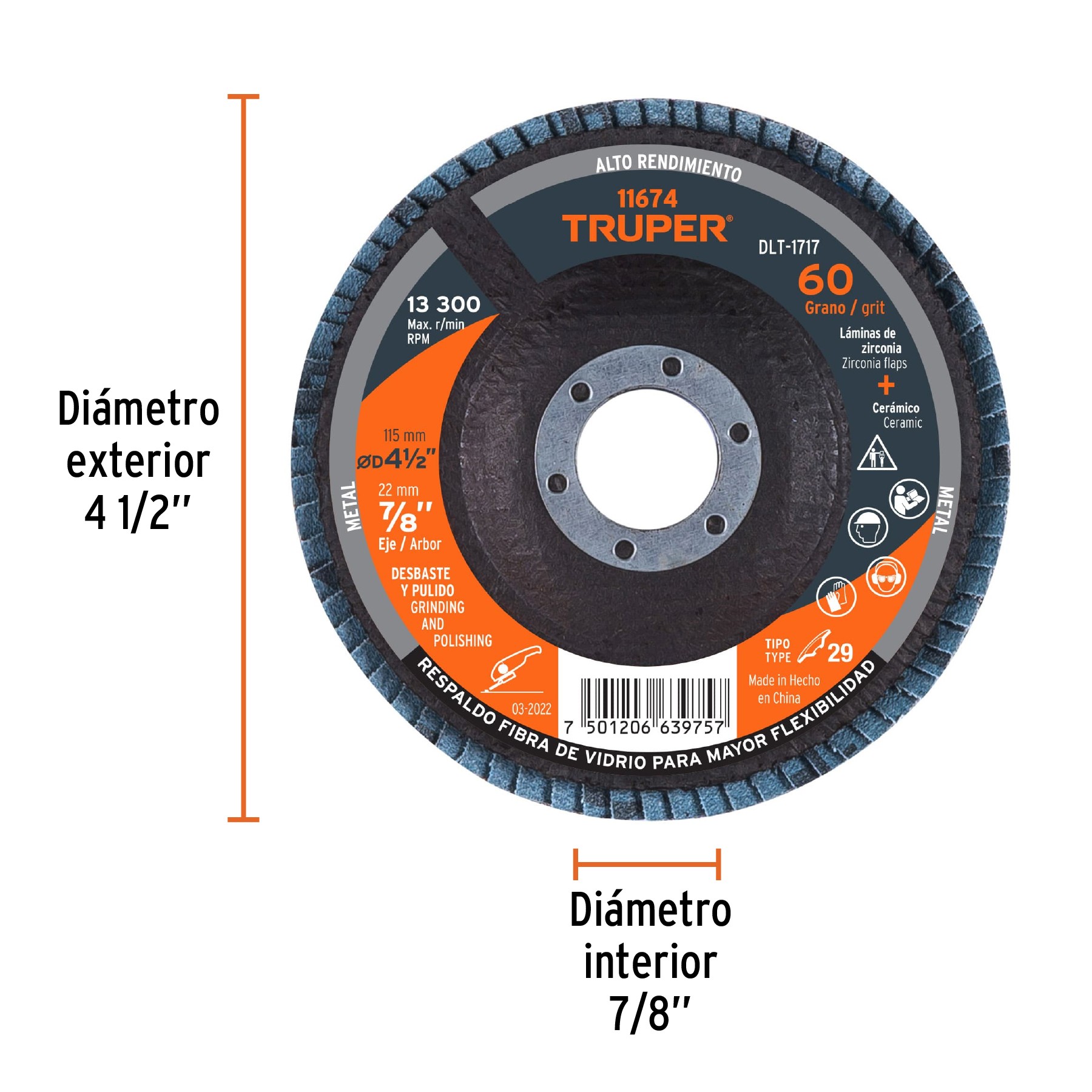 DISCO 4-1/2" LAMINADO GRANO 60 CENTRO 7/8", TRUPER 11674