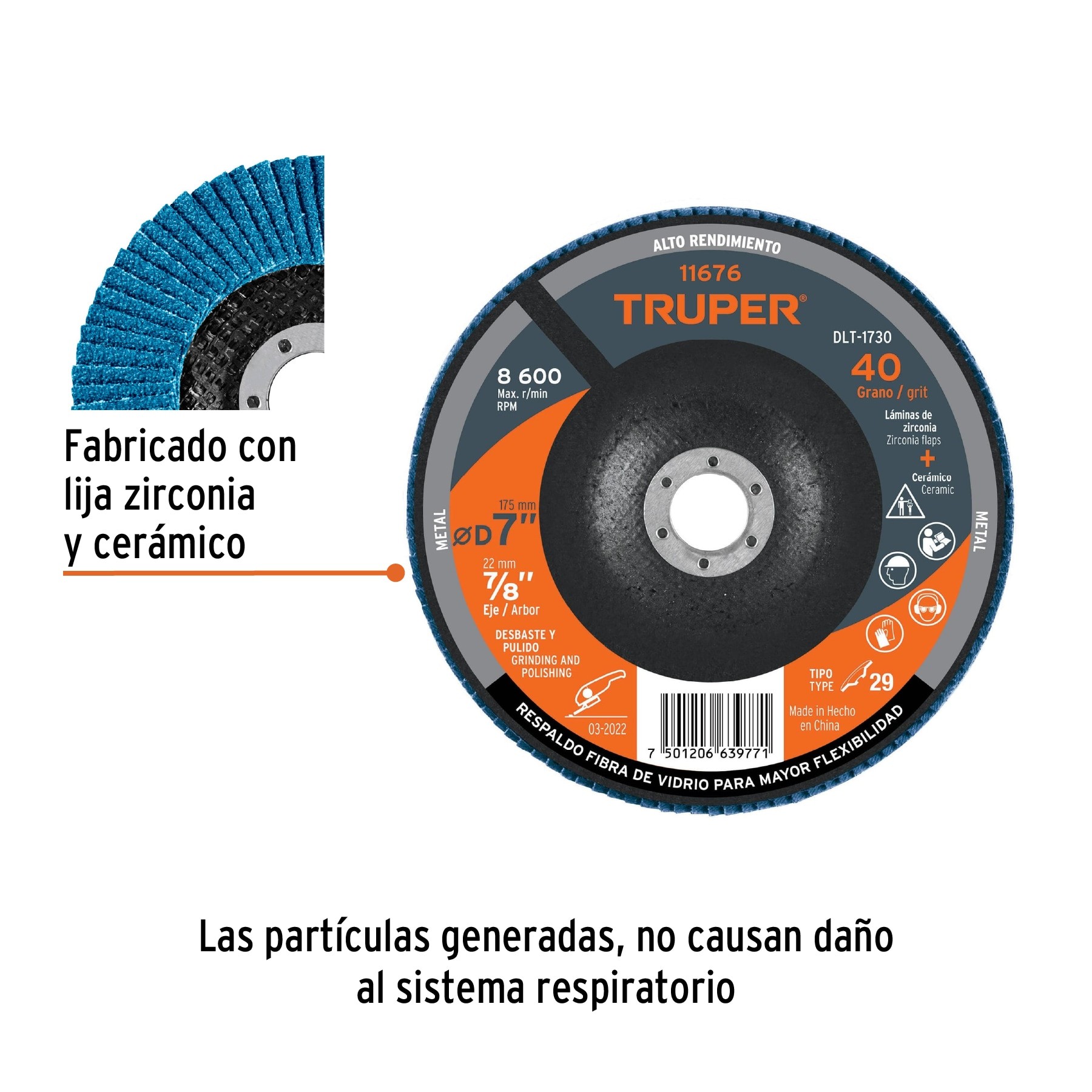 DISCO 7" LAMINADO GRANO 40 CENTRO 7/8", TRUPER 11676