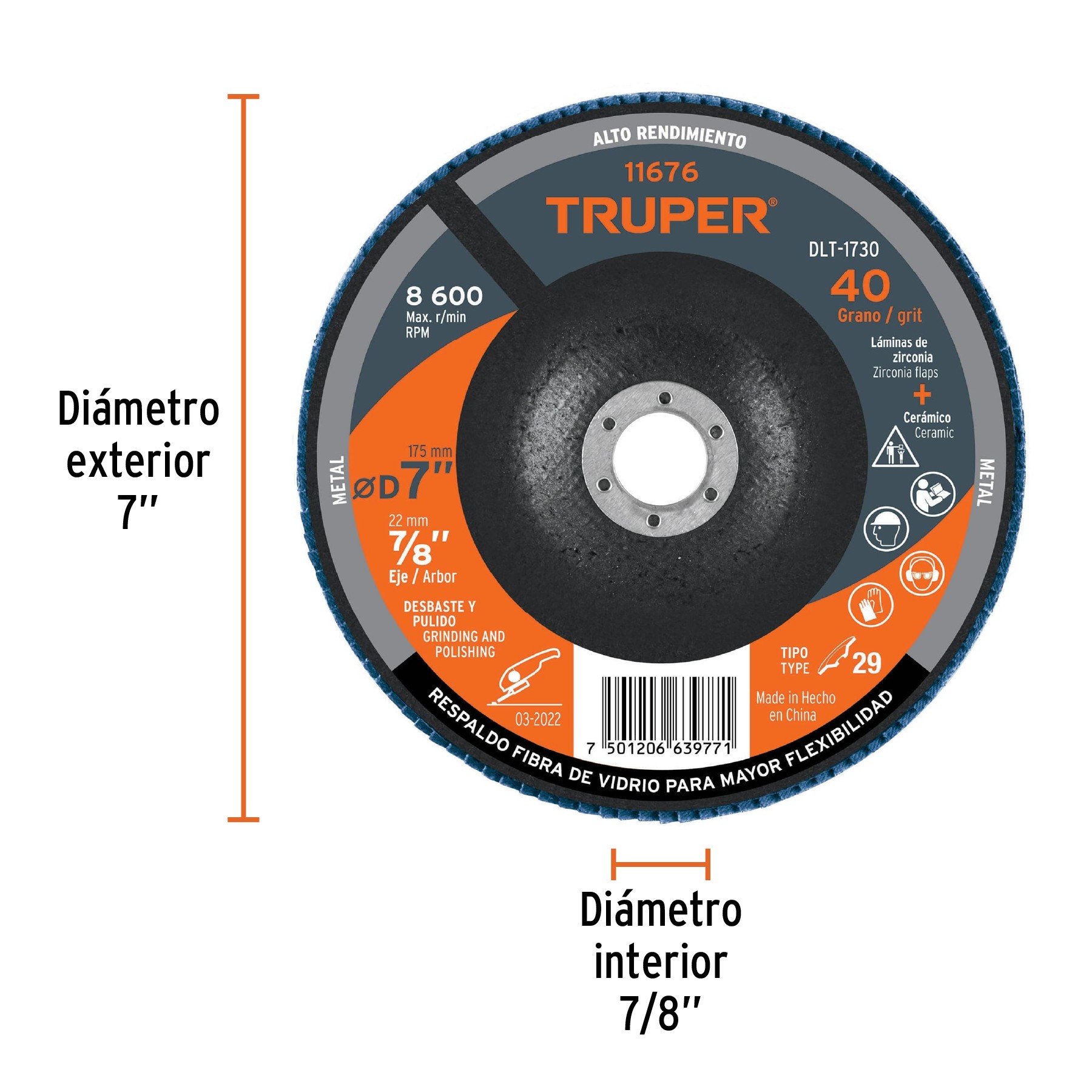 DISCO 7" LAMINADO GRANO 40 CENTRO 7/8", TRUPER 11676