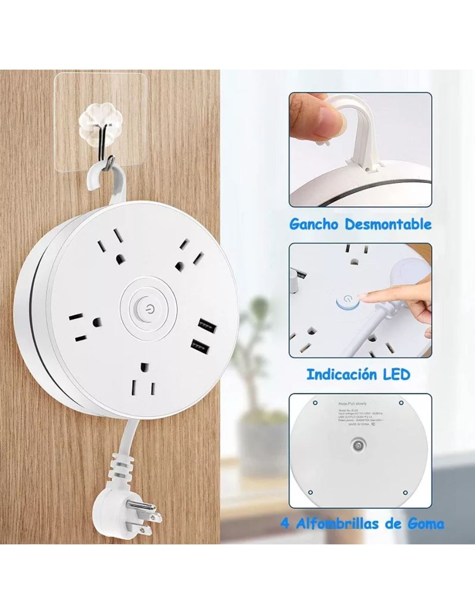 Regleta Retráctil Con 4 Salidas 2 Usb Color Blanco