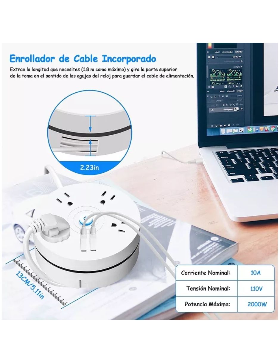 Regleta Retráctil Con 4 Salidas 2 Usb Color Blanco 