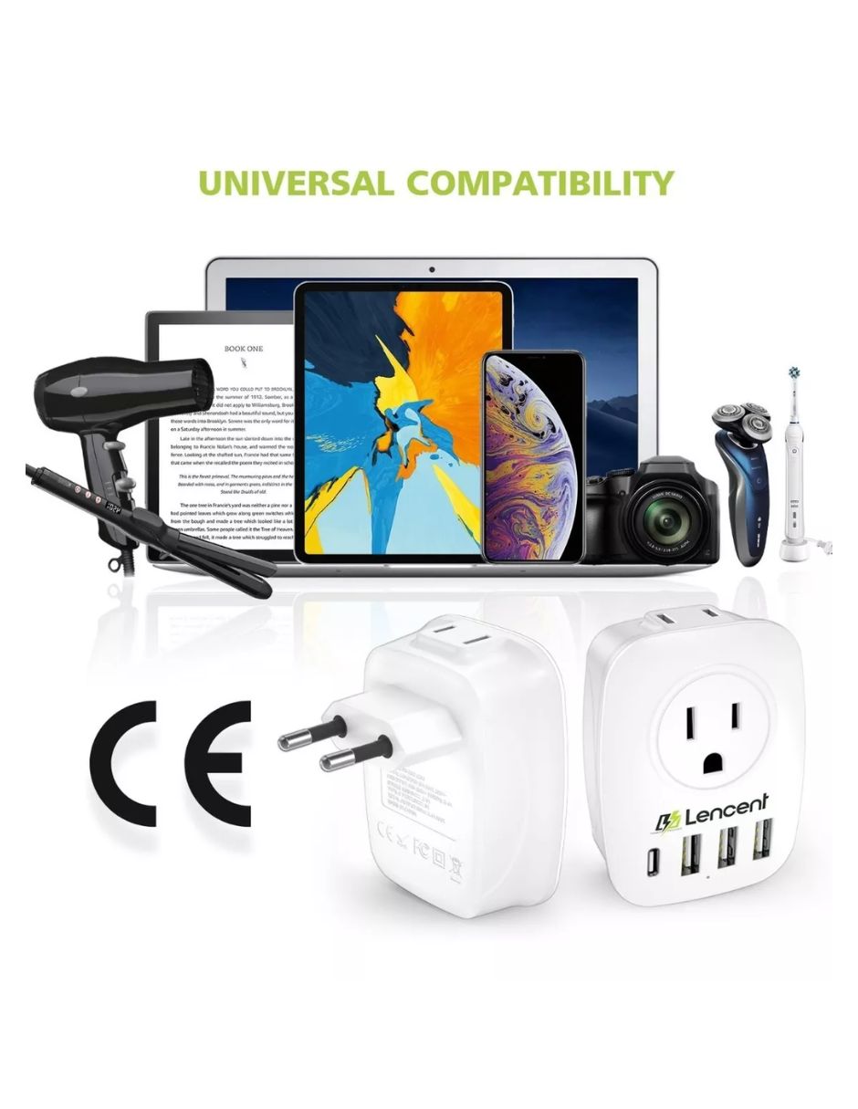 Adaptador Doble Ee.uu/usa A Enchufe Europeo Eu 3 Usb + Usb C  blanco