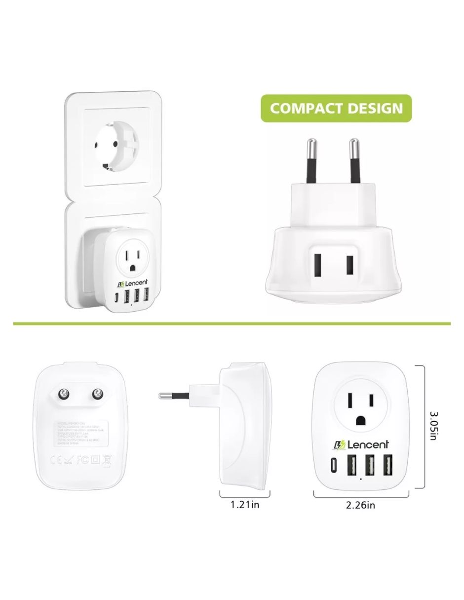 Adaptador Doble Ee.uu/usa A Enchufe Europeo Eu 3 Usb + Usb C  blanco
