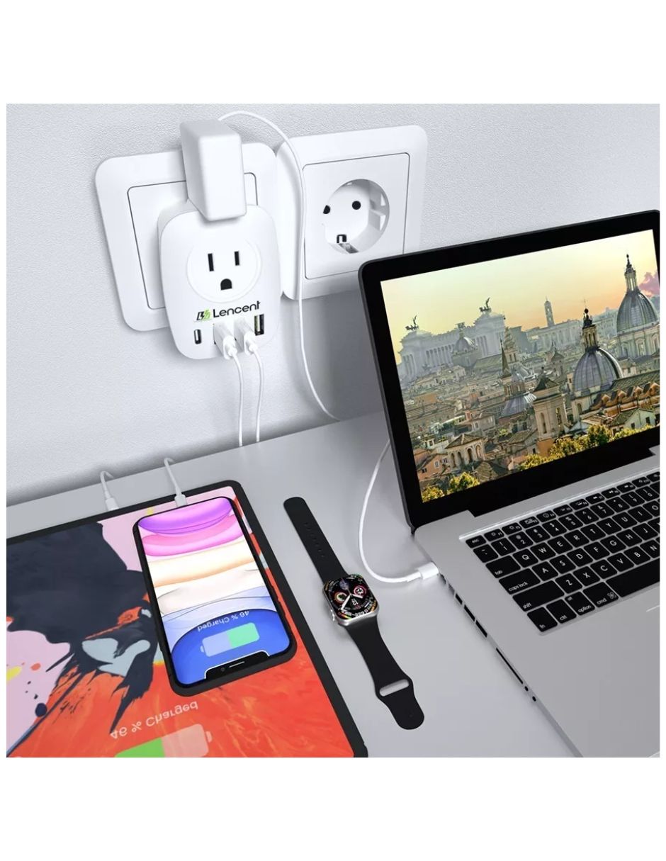 Adaptador Doble Ee.uu/usa A Enchufe Europeo Eu 3 Usb + Usb C  blanco
