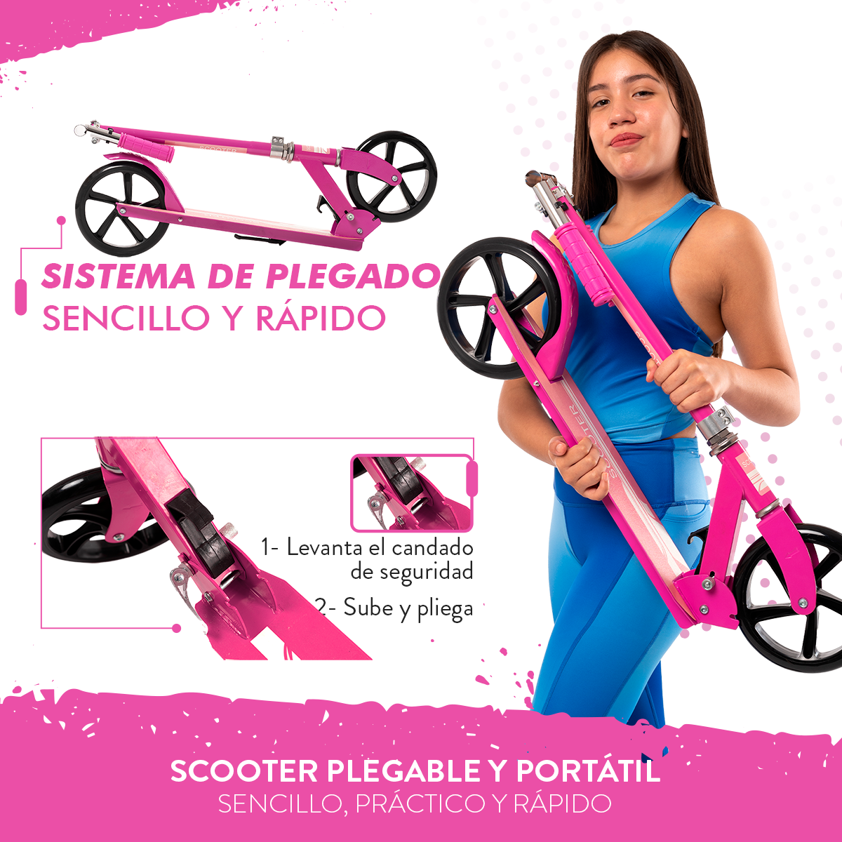 Scooter Plegable y Ajustable Patín Del Diablo Para Niños Y Adolescentes Color Rosa 