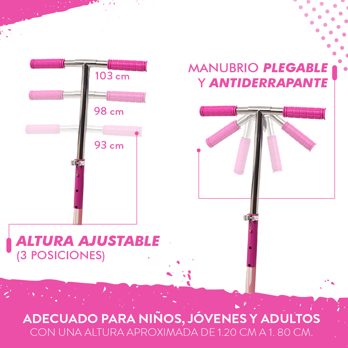 Scooter Plegable y Ajustable Patín Del Diablo Para Niños Y Adolescentes Color Rosa 