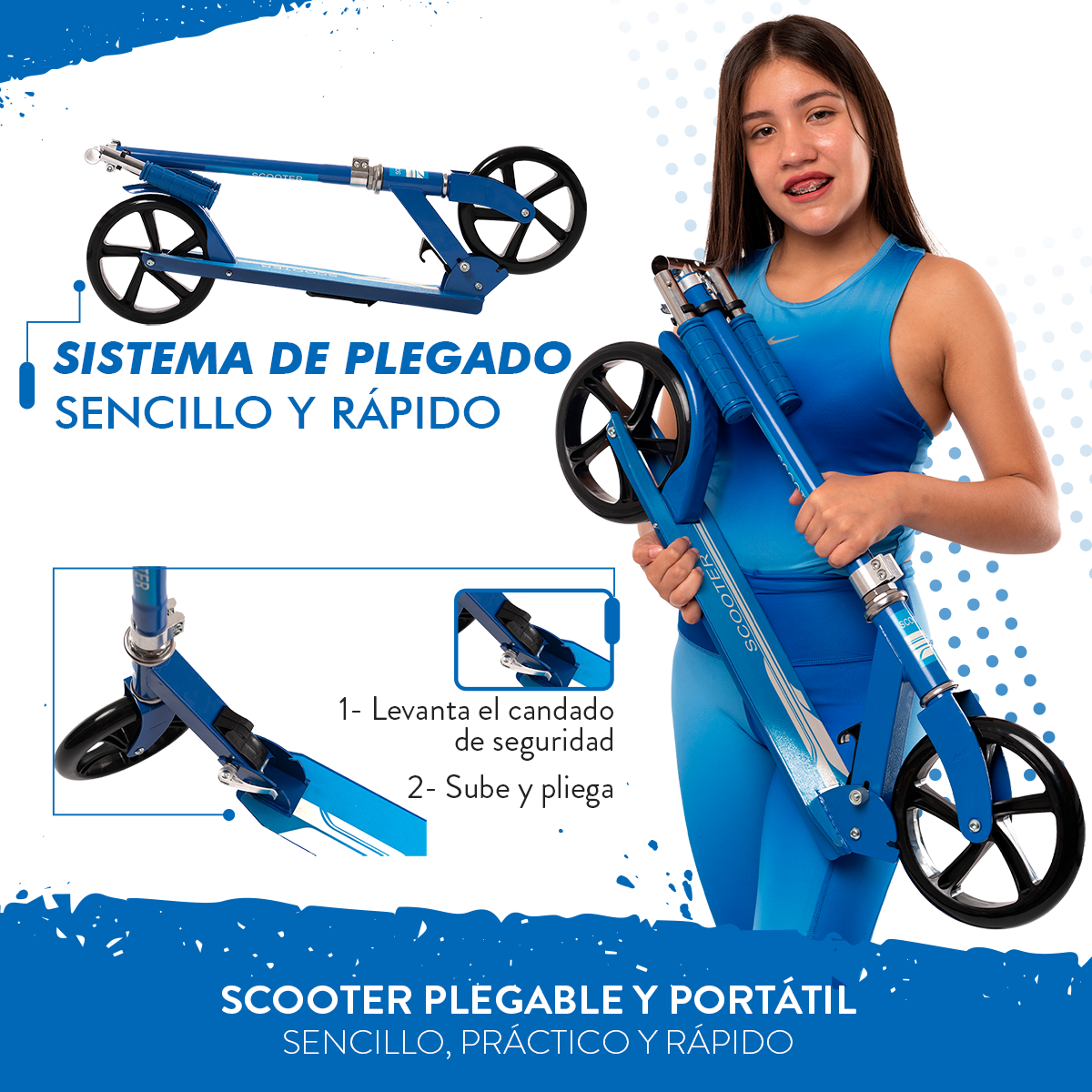 Scooter Plegable y Ajustable Patín Del Diablo Para Niños Y Adolescentes Color Azul
