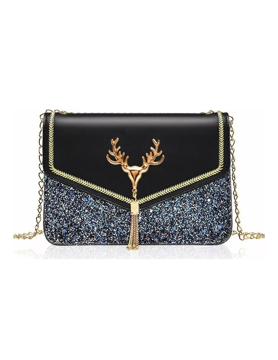 Bolsa Pequeño Crossbody De Dama Elegante Y Moda Mensajero Color Negro con Plata