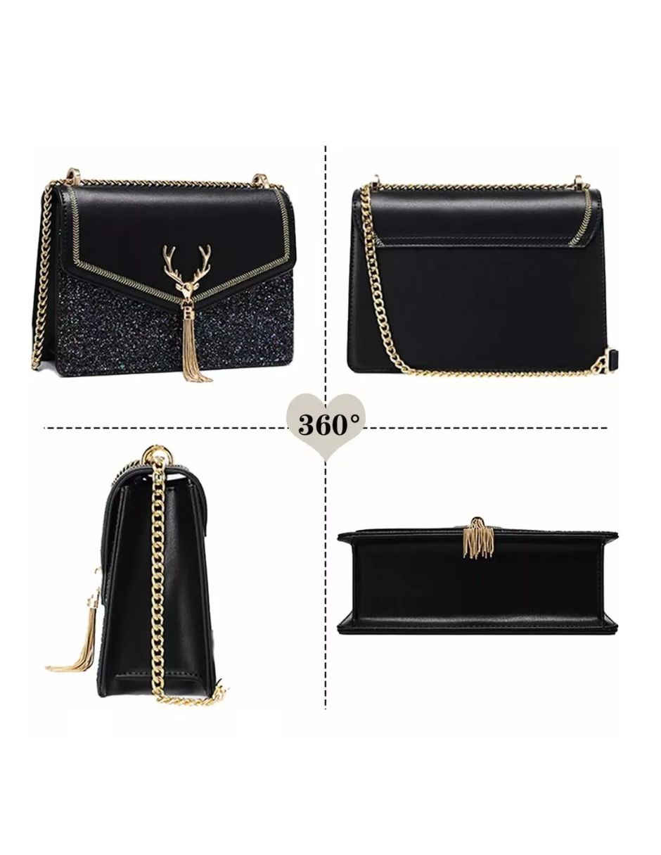 Bolsa Pequeño Crossbody De Dama Elegante Y Moda Mensajero Color Negro con Plata