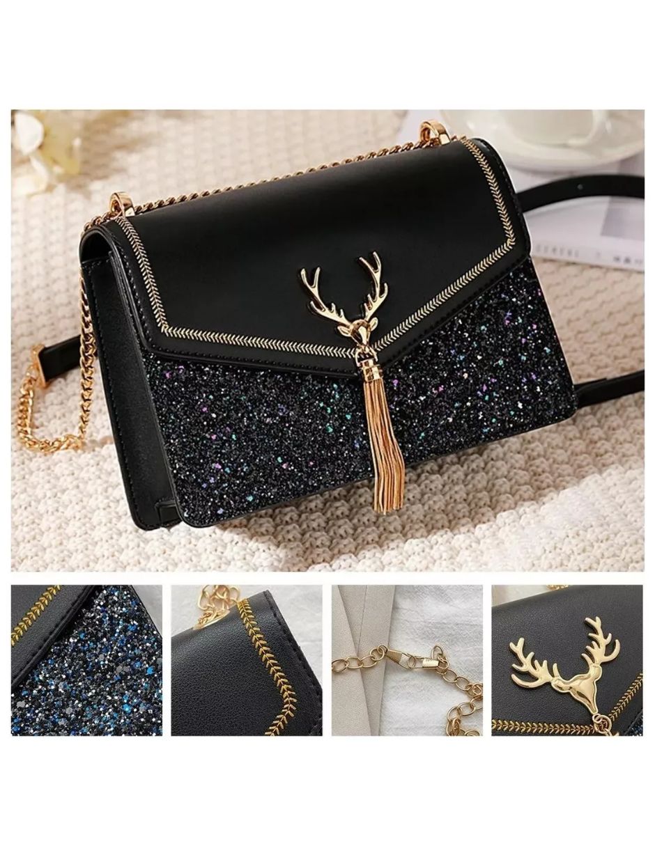 Bolsa Pequeño Crossbody De Dama Elegante Y Moda Mensajero Color Negro con Plata