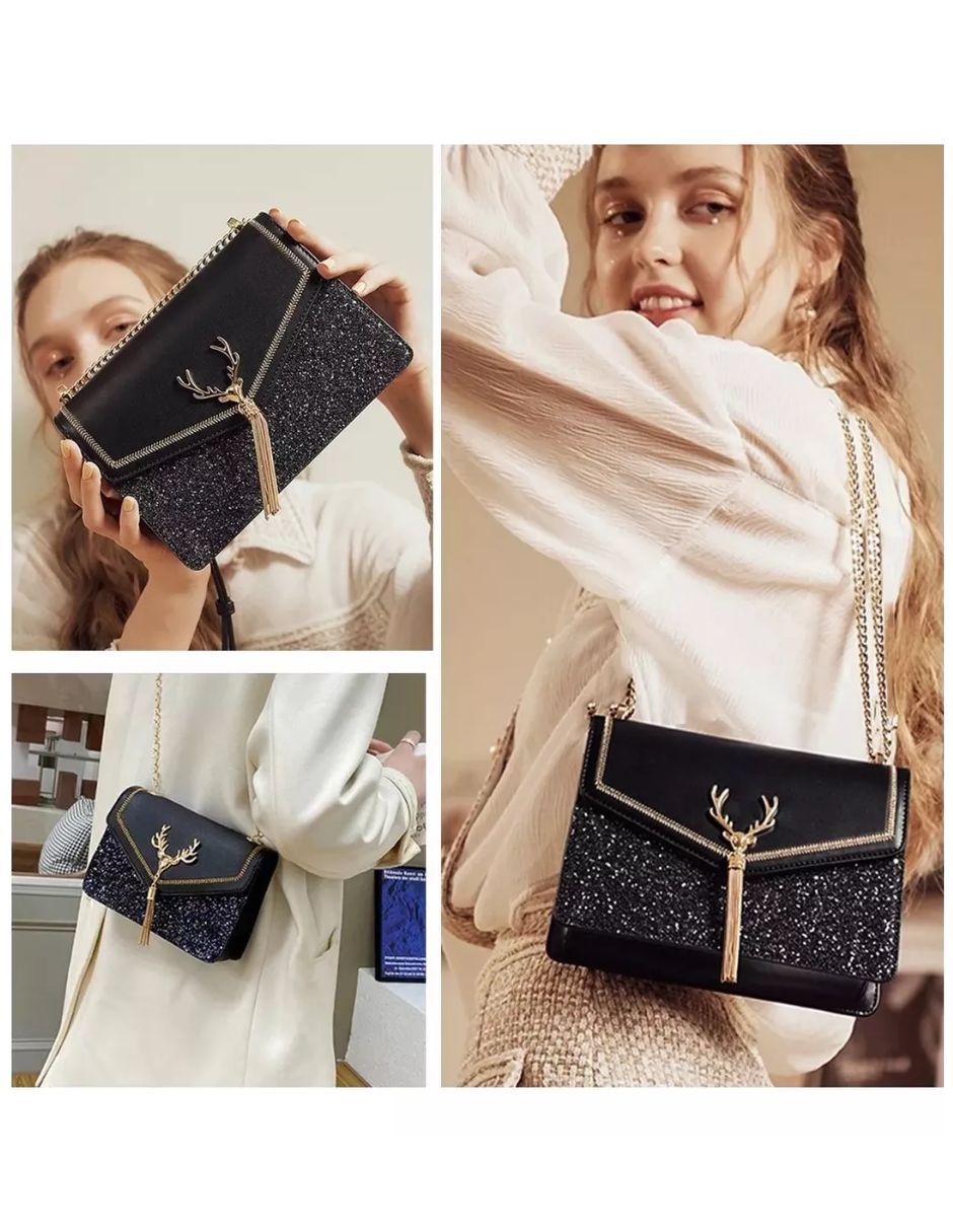 Bolsa Pequeño Crossbody De Dama Elegante Y Moda Mensajero Color Negro con Plata